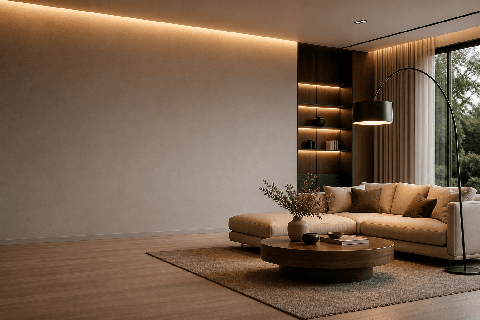 Modern living room with warm recessed LED lighting and a stylish floor lamp.